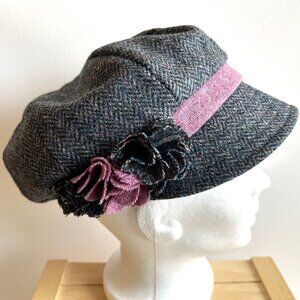 Peter James Blue and Pink Pure Wool Tweed Women's Hat With Flower
